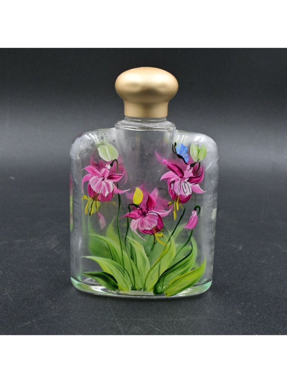 Hand Painted Glass Perfume Bottle Gold Cap Floral France Vintage 4.5"